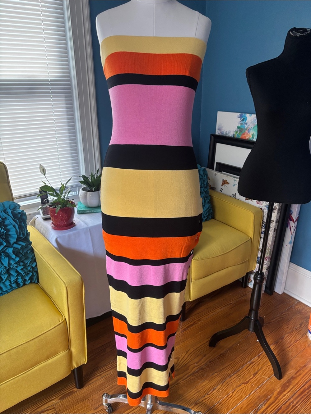Colorblock Strapless Maxi Dress in Pink, Yellow & Orange